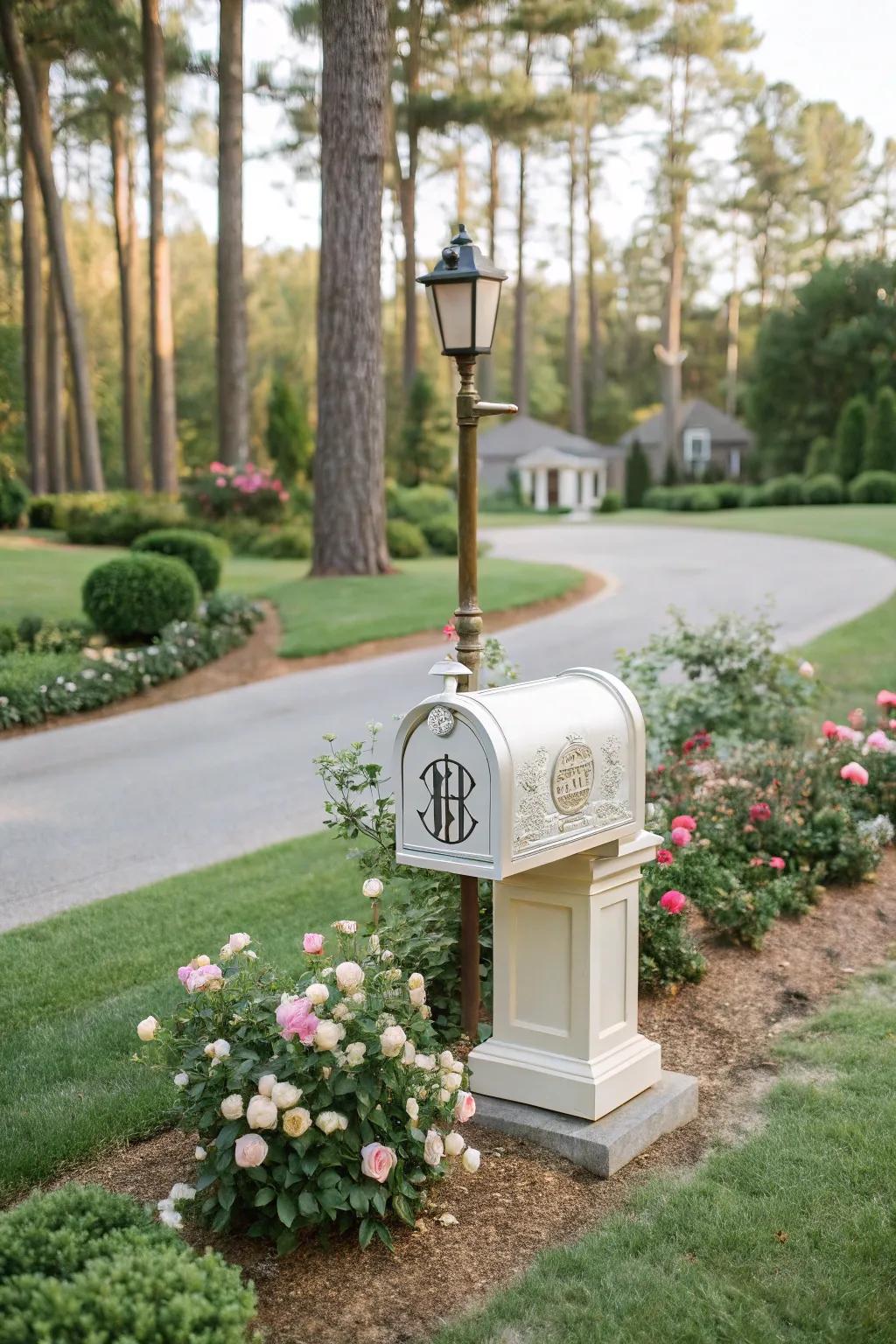 A personalized mailbox featuring an elegant monogram.