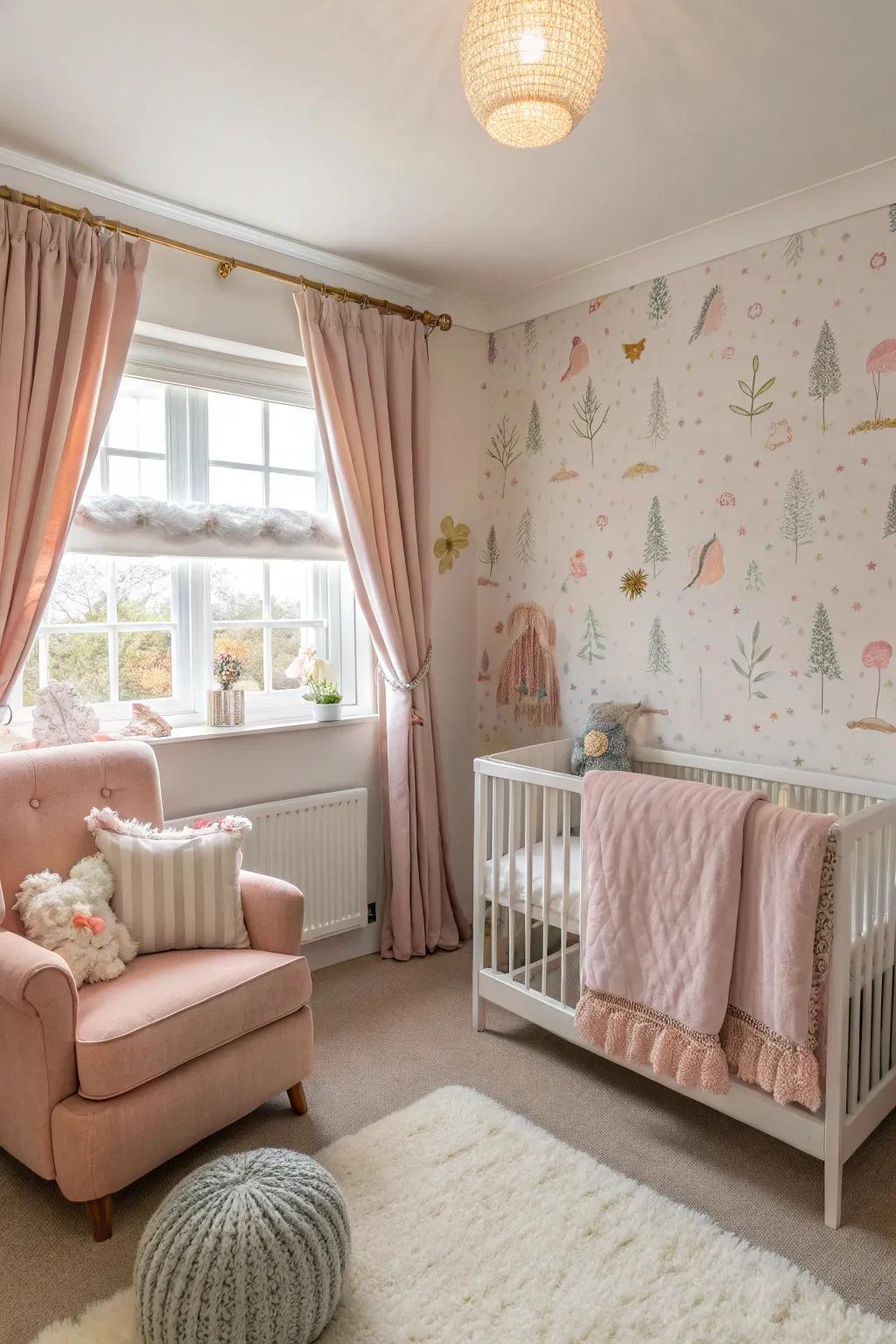 A nursery with pastel wallpaper creating a light and airy atmosphere.