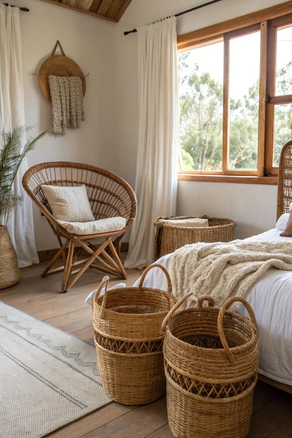 Rattan and raffia elements providing an ethno-chic vibe in a bedroom.