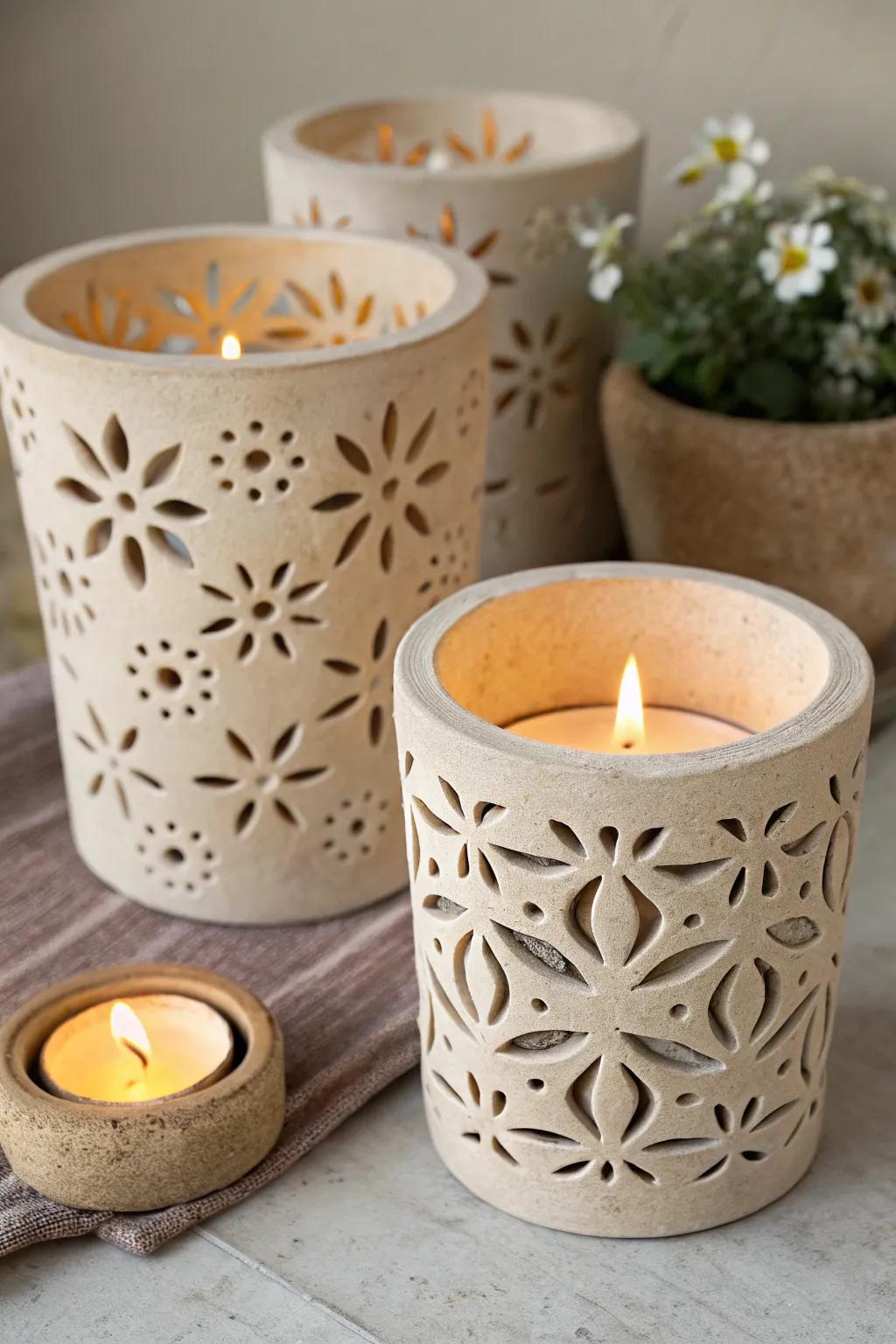 Create a cozy ambiance with intricate air dry clay candle pots.