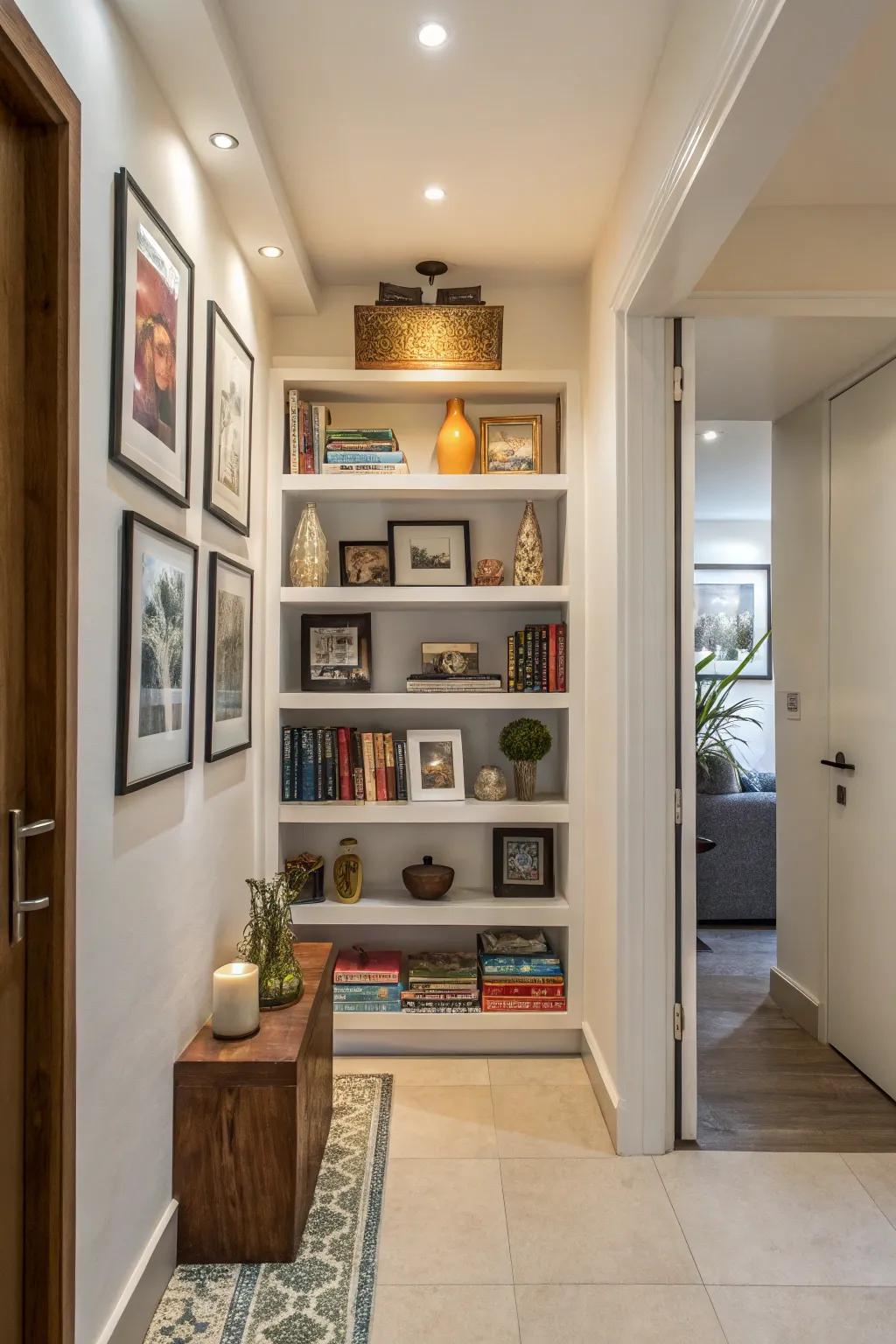 Staggered shelving adds style and storage to entryways.