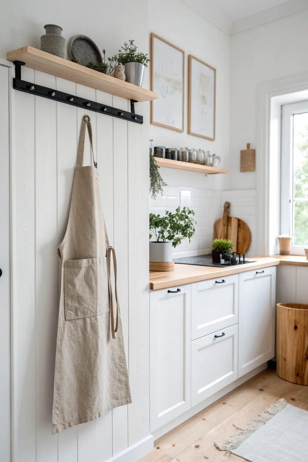 Elevate your kitchen style with sleek magnetic strips for effortless apron organization.