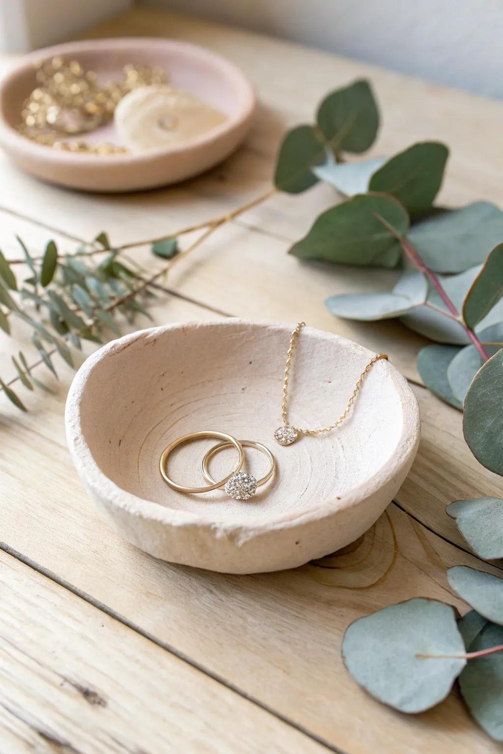 Embrace simplicity and elegance with handcrafted clay dishes—perfect for displaying your cherished jewelry.