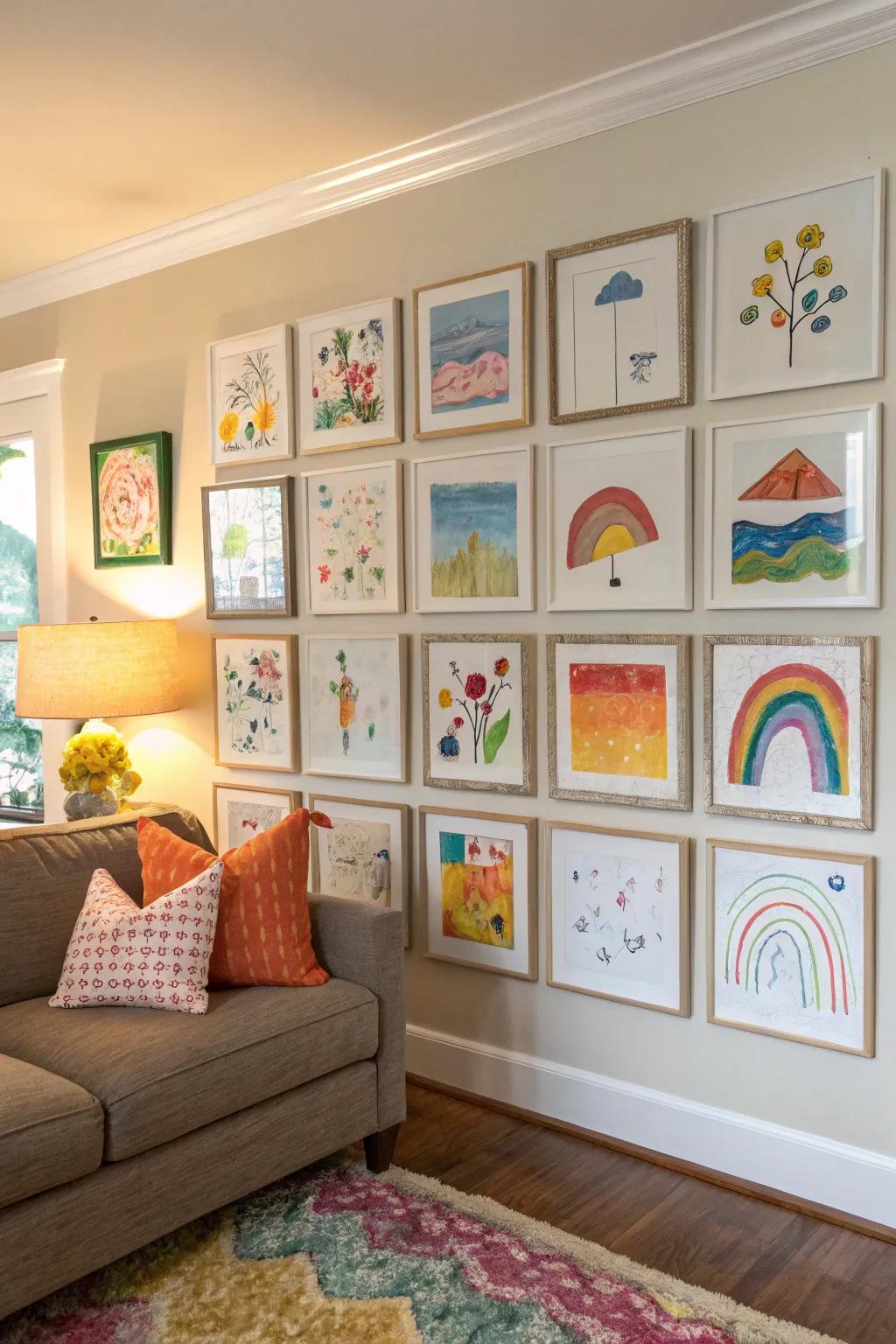 A vibrant grid collage of children's art, perfect for a modern home.