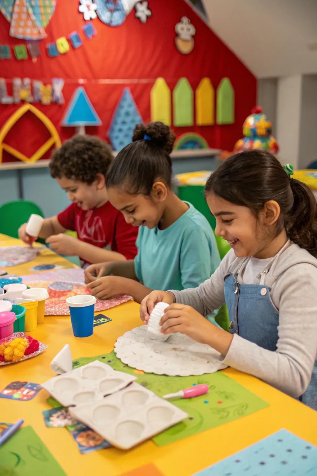 Young artists immersed in creating unique paper mâché crafts, surrounded by vibrant materials.