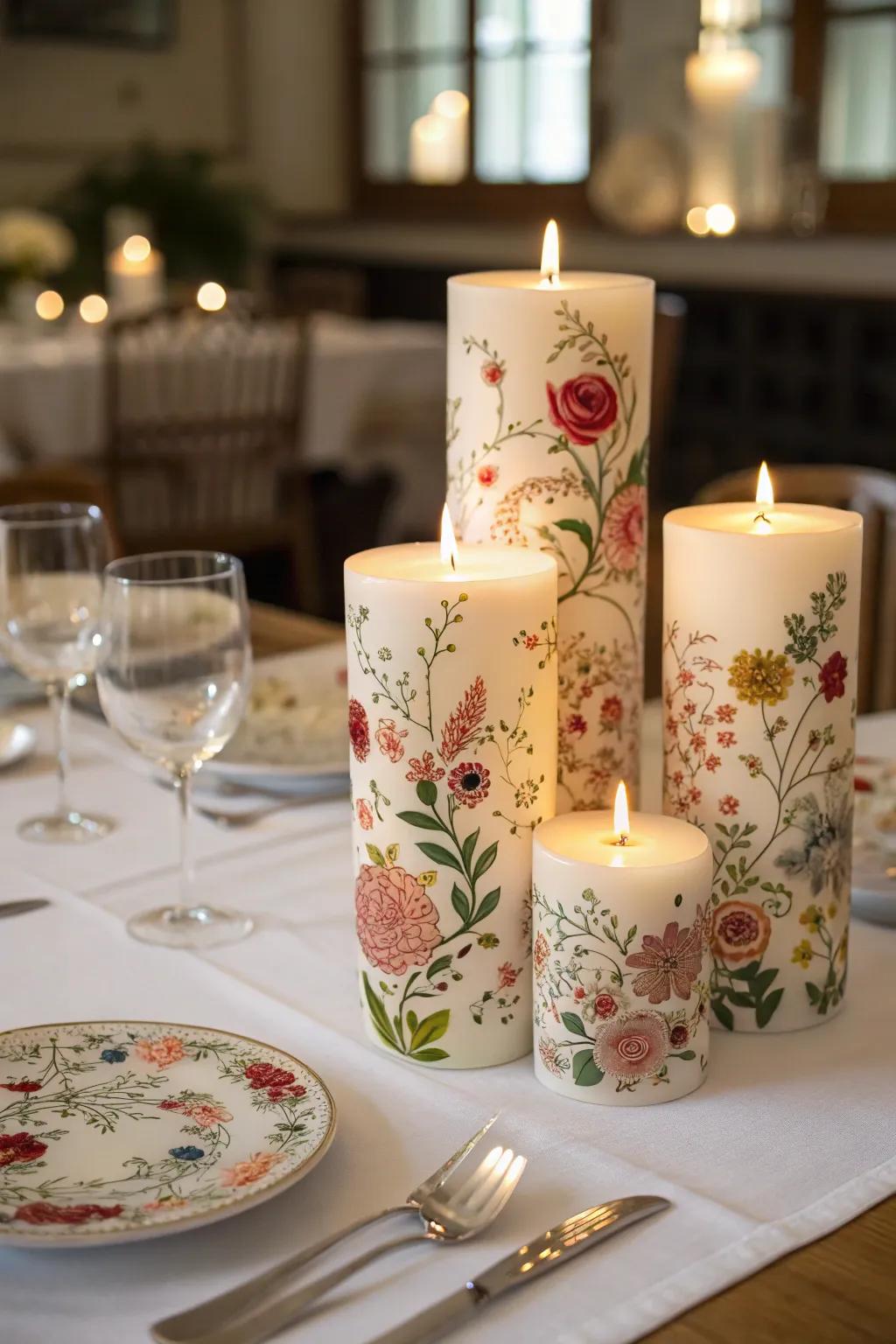 Hand-painted floral candles that illuminate gatherings with warmth.