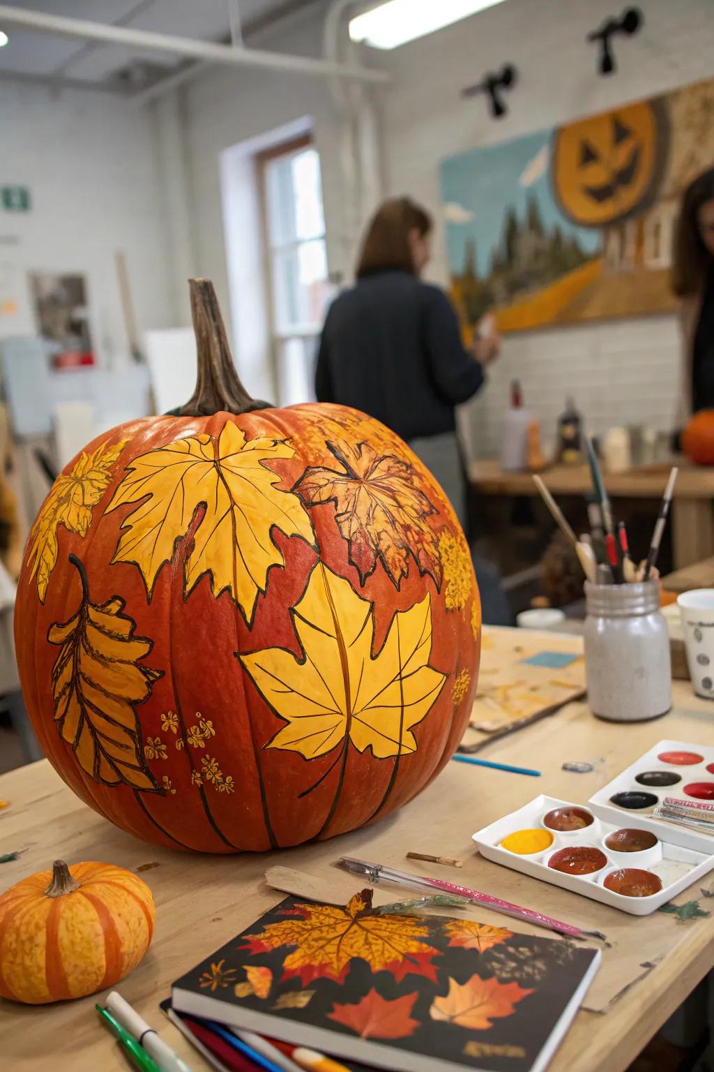 A beautifully painted pumpkin showcasing intricate autumn designs.