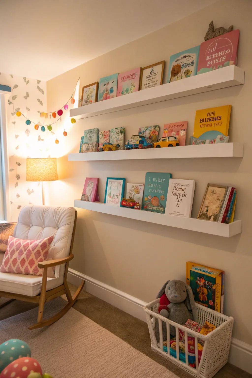 Floating shelves offer functional and stylish storage in a nursery.