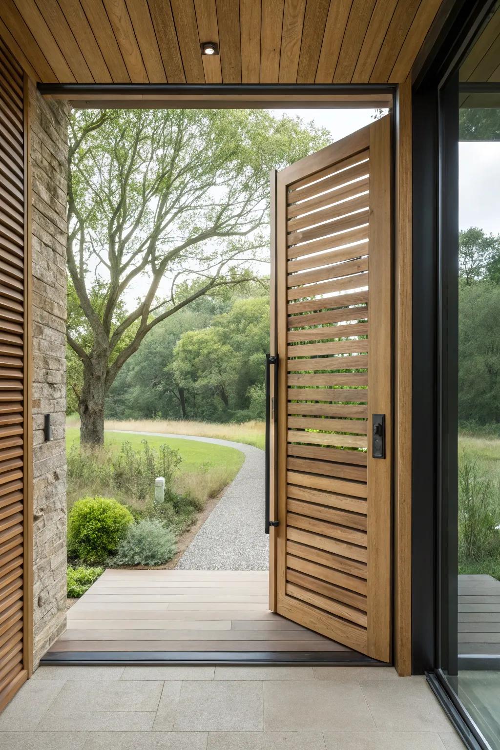 Wooden slatted doors offer a fresh, modern take on traditional wooden doors.