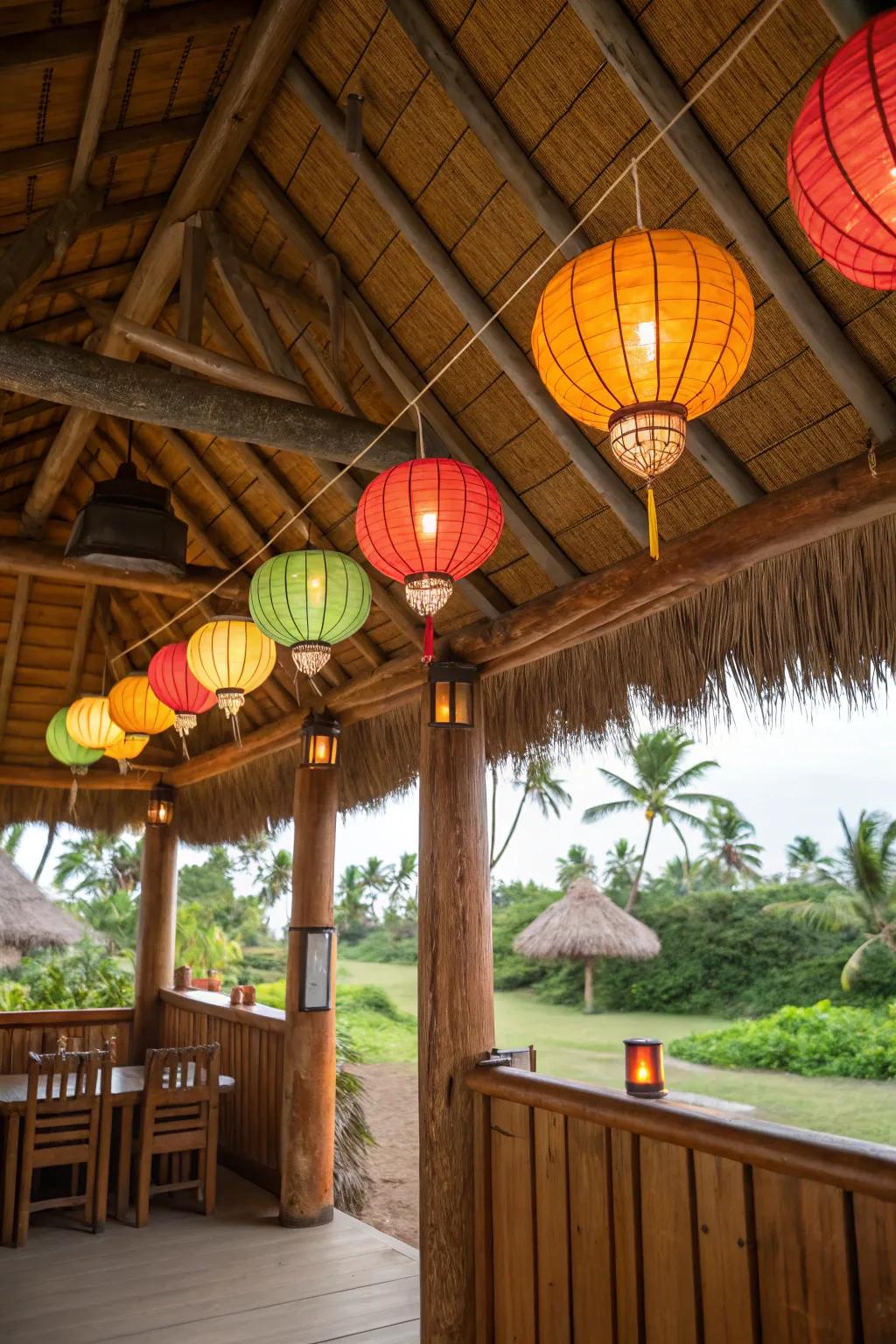 Colorful lanterns add charm and vibrancy to your hut.