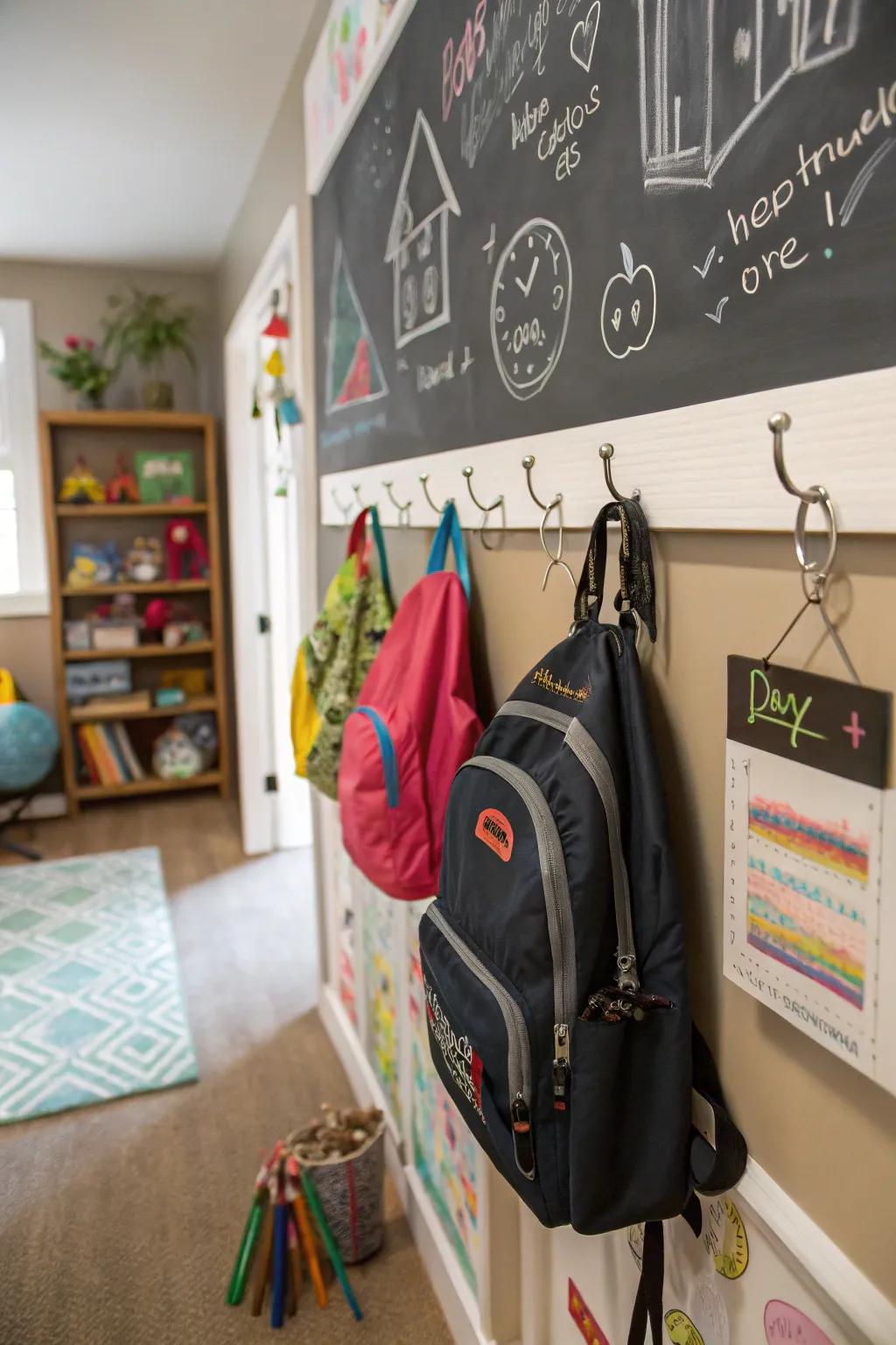 A chalkboard wall with hooks is both functional and fun.