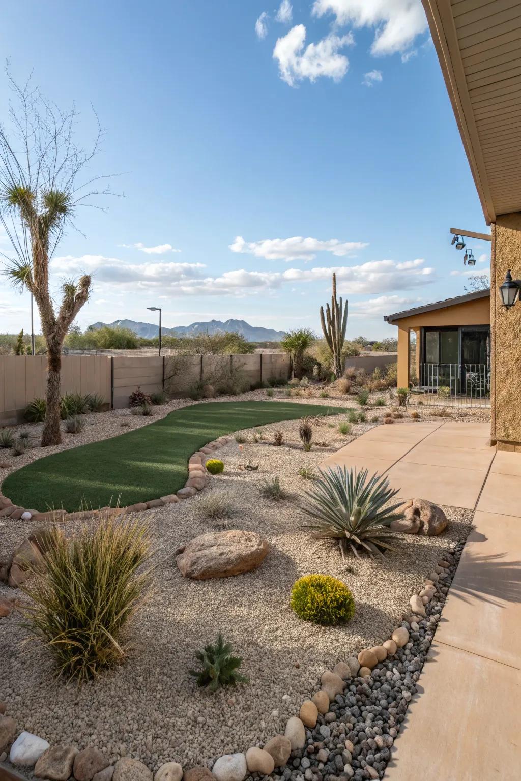 Artificial turf provides a low-maintenance green space in a desert backyard.