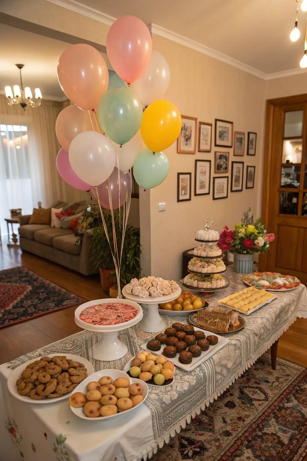 A dessert table adorned with balloons becomes a focal point.