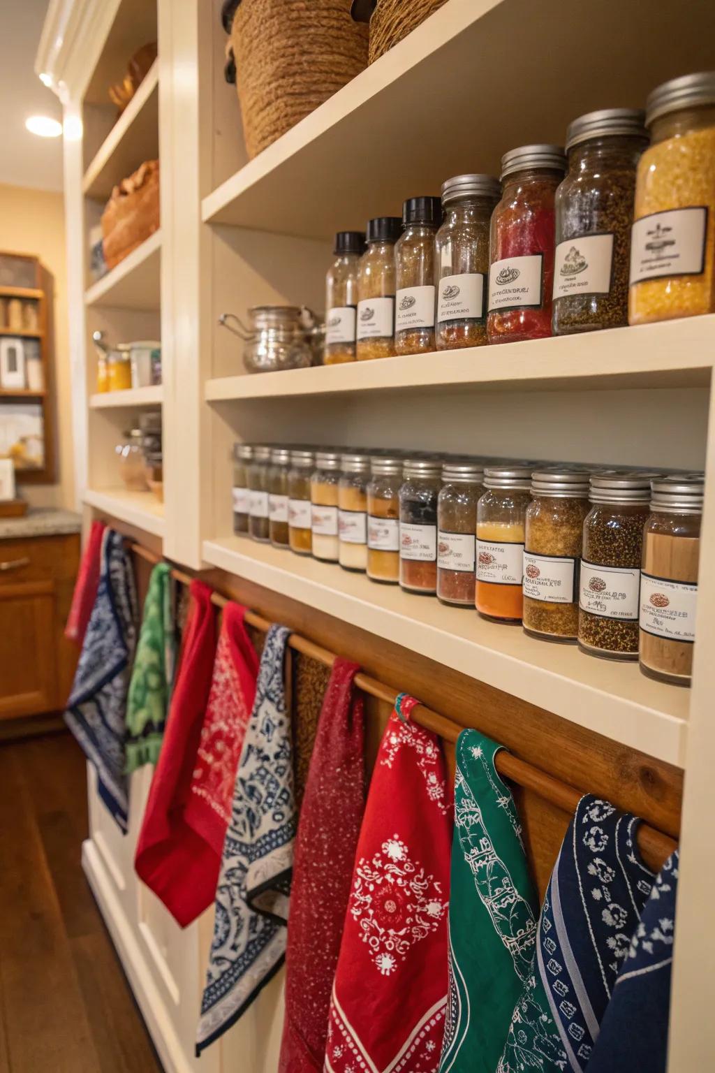 Bandana-lined shelves add a cheerful touch to your storage.