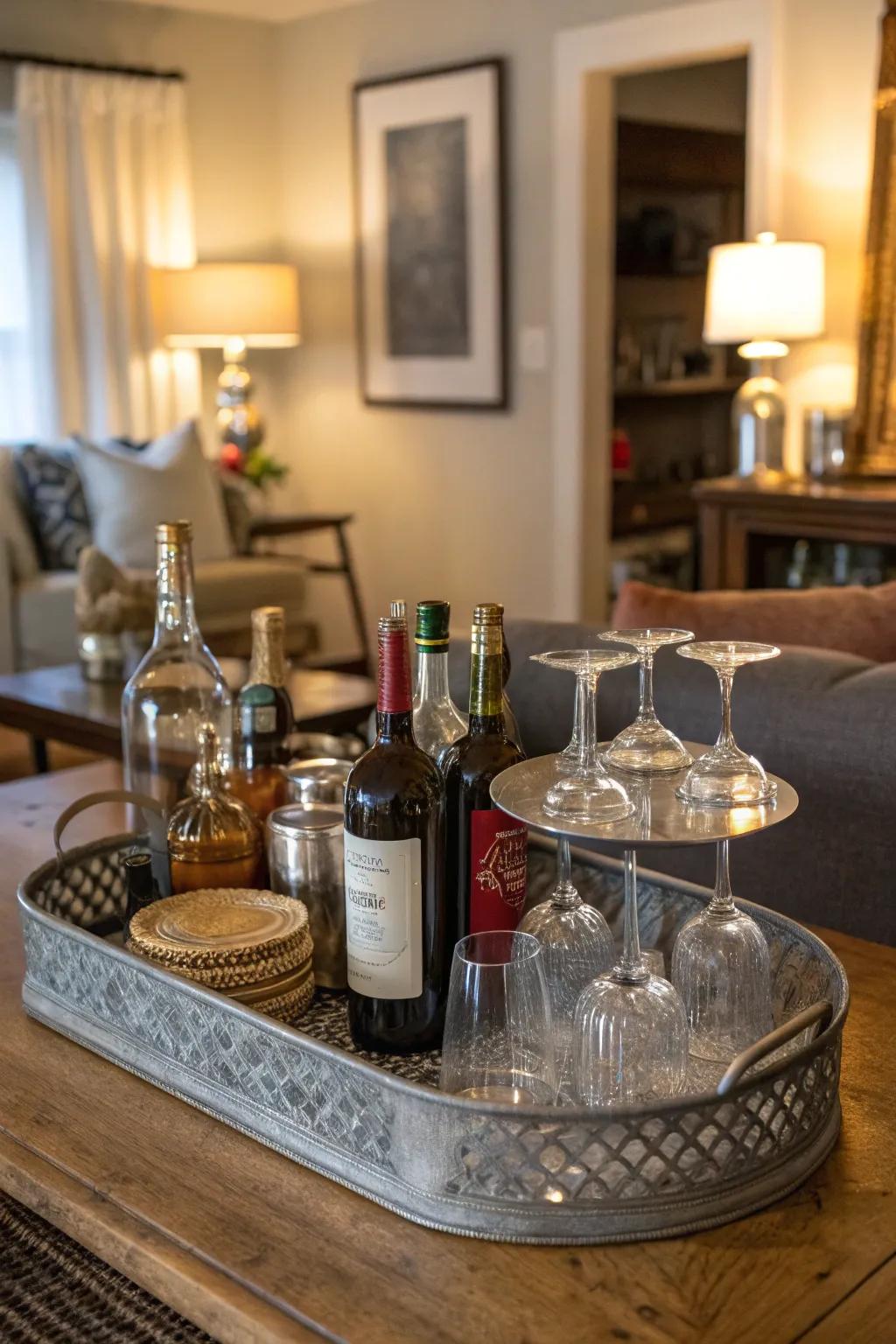 A tray brings organization and elegance to this bar table.