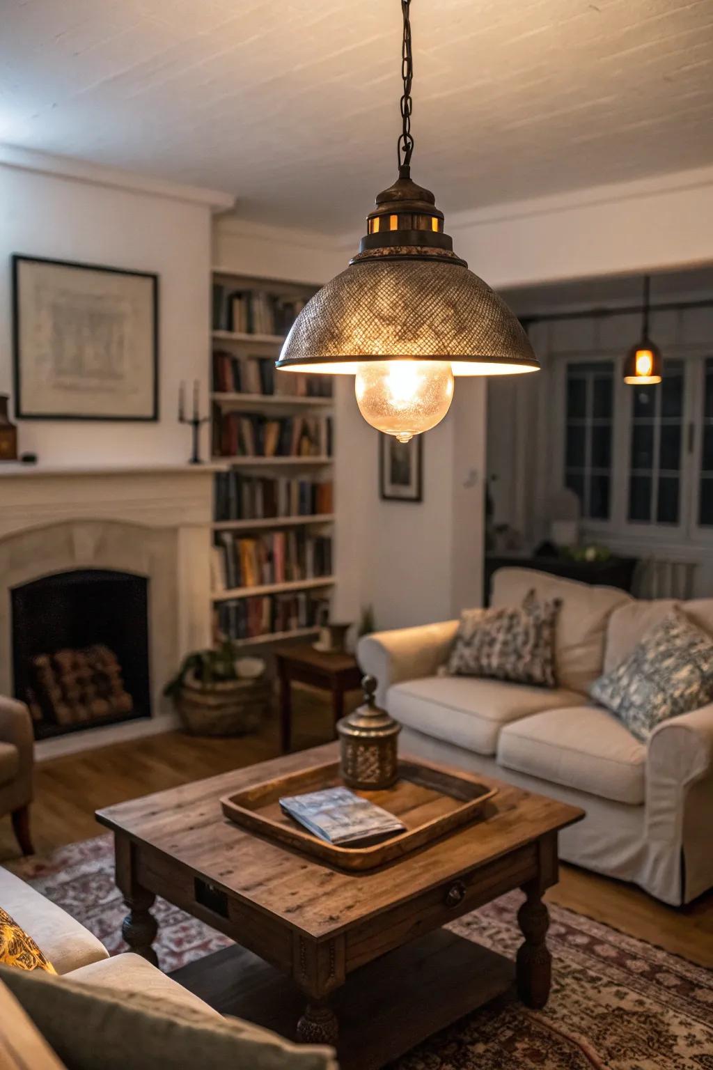 Pendant barn lights create a cozy atmosphere in living rooms.