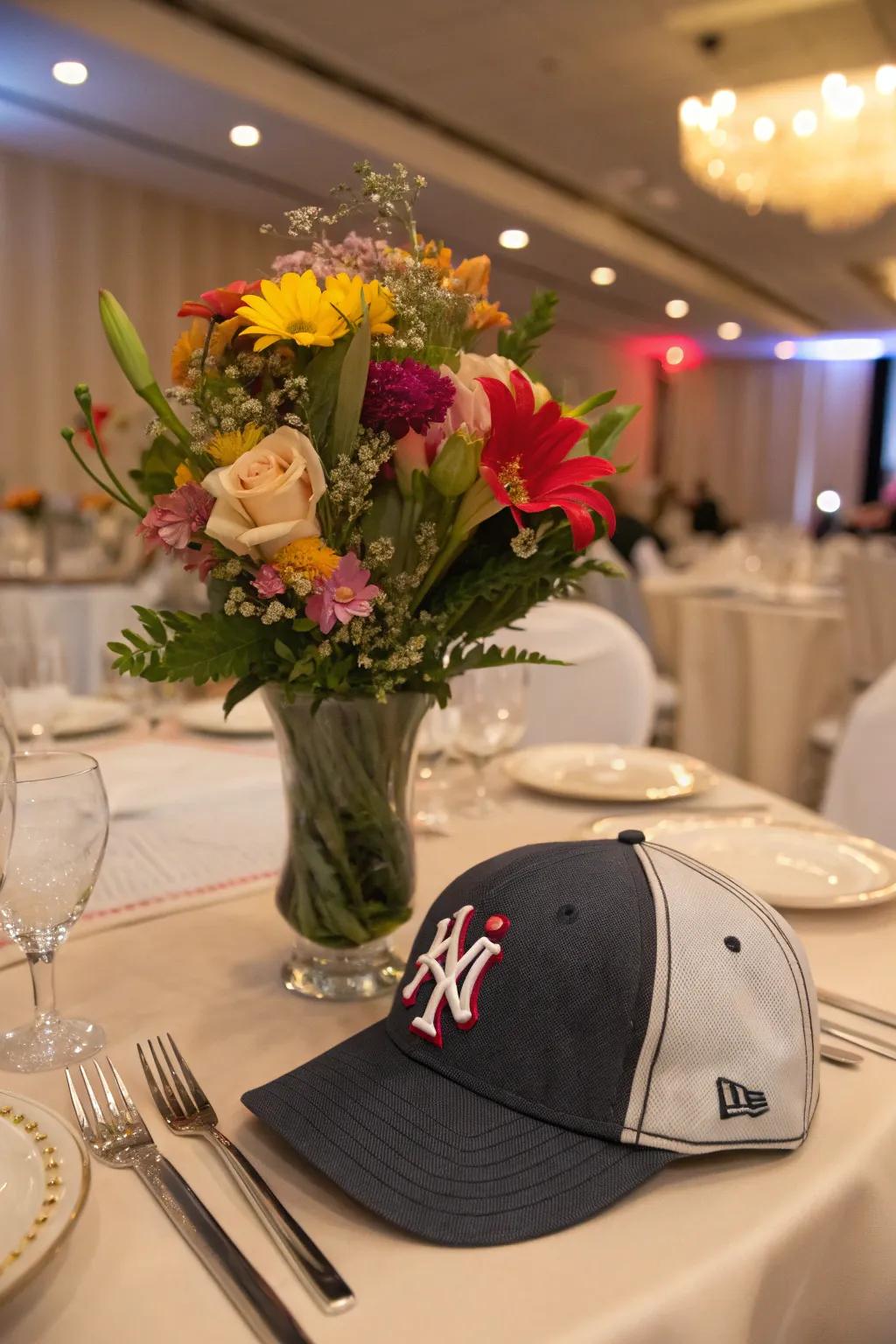 A casual and creative centerpiece that utilizes a baseball cap as a vase.