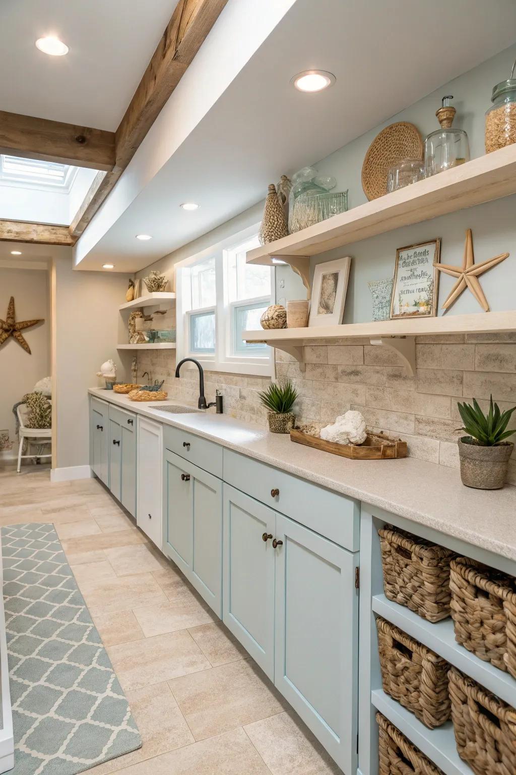 Coastal vibes bring a fresh and calming atmosphere to a basement kitchen.