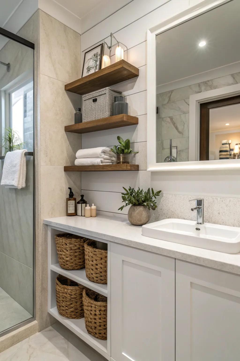 An accent shelf on a bulkhead blends beauty with utility.