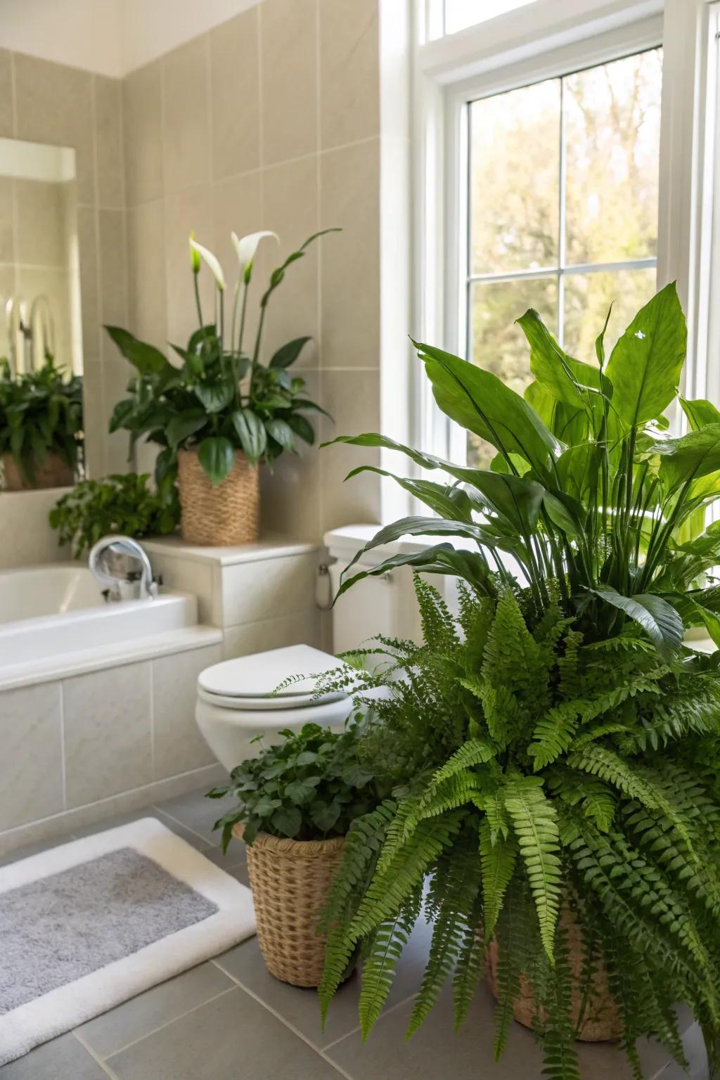 A bathroom enhanced with greenery, bringing life and freshness.