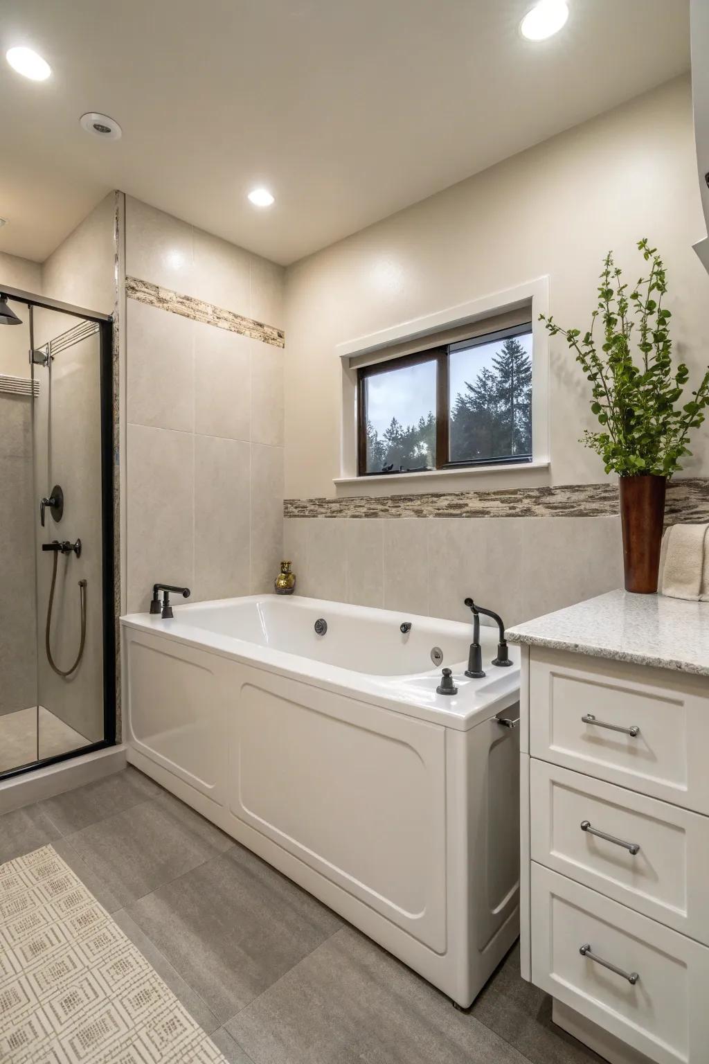 Minimalist design creates a spacious and serene bathroom environment.