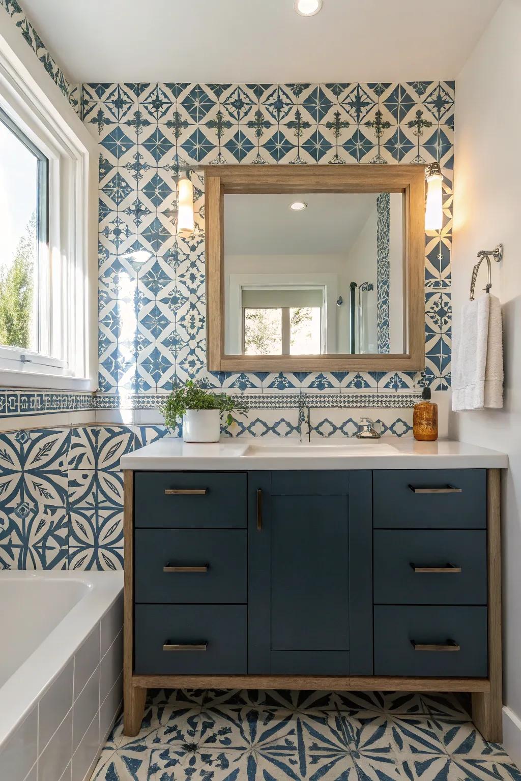 A bold accent wall transforms this bathroom into a stylish retreat.