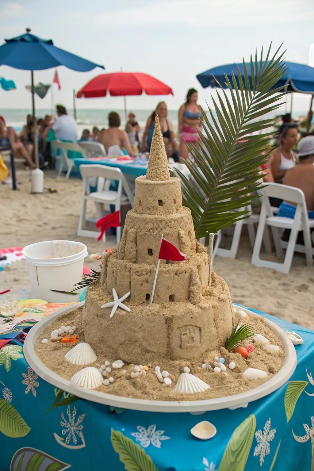 A whimsical sandcastle centerpiece sparking conversations.