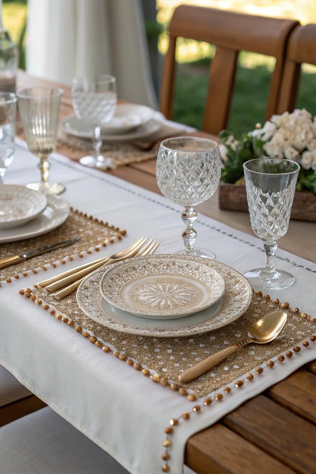 A beaded table runner adding sparkle to the dining experience.