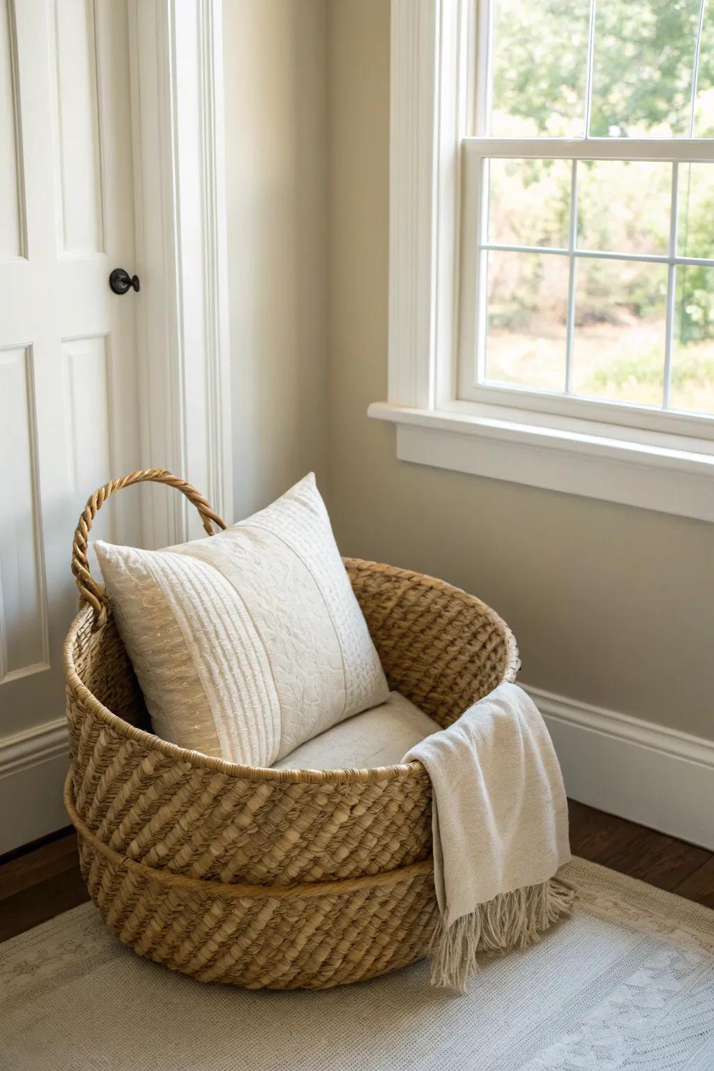 A woven basket hideaway for privacy and comfort.