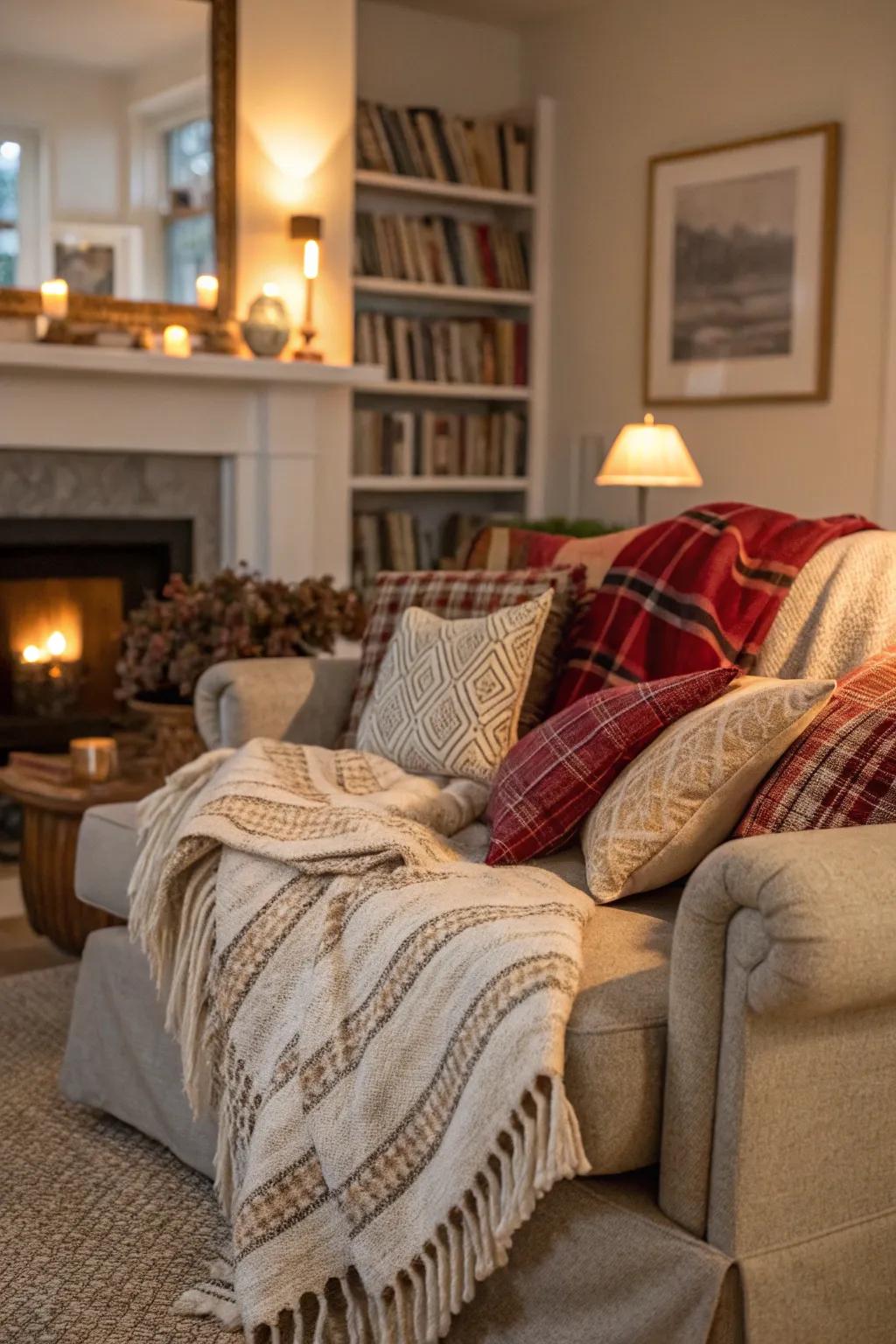 Textured throws and pillows add warmth to this living room.