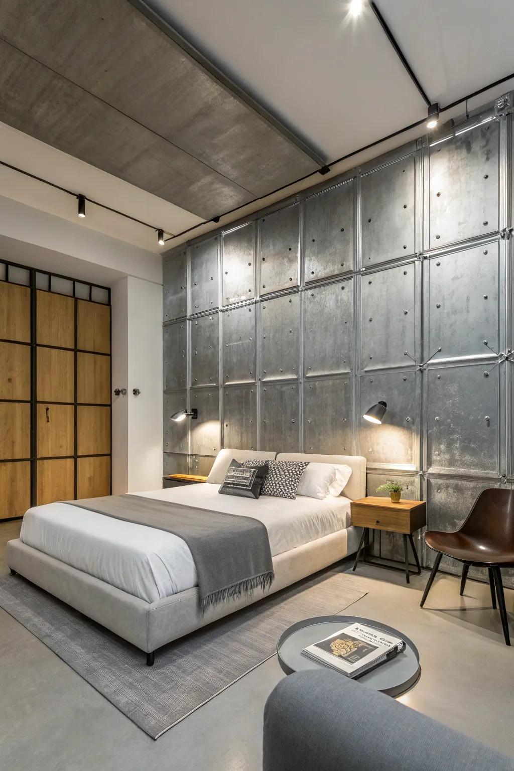 A contemporary bedroom with an industrial metal backdrop.