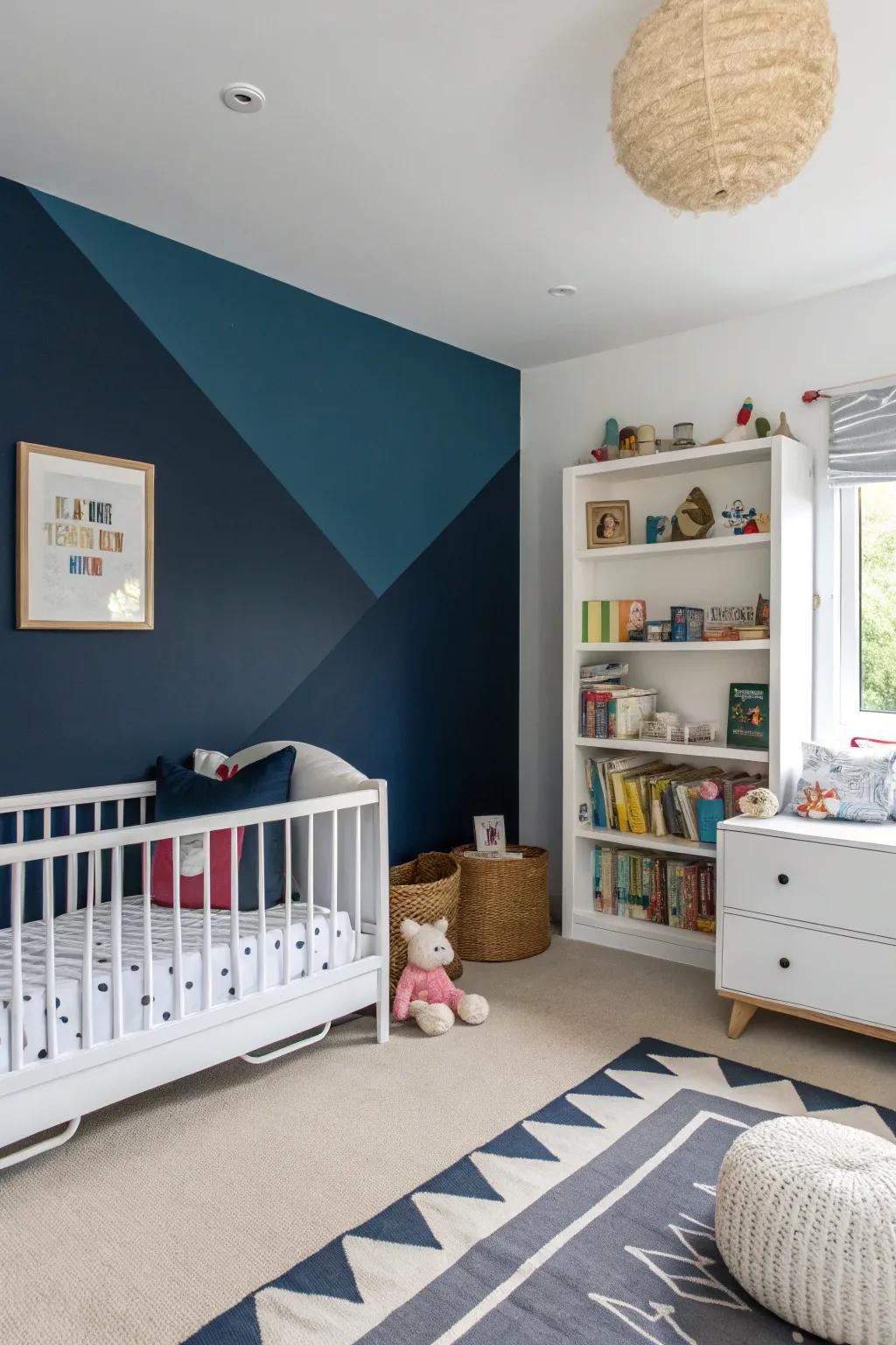 A bold navy accent wall in a toddler's bedroom, adding depth and modern style.