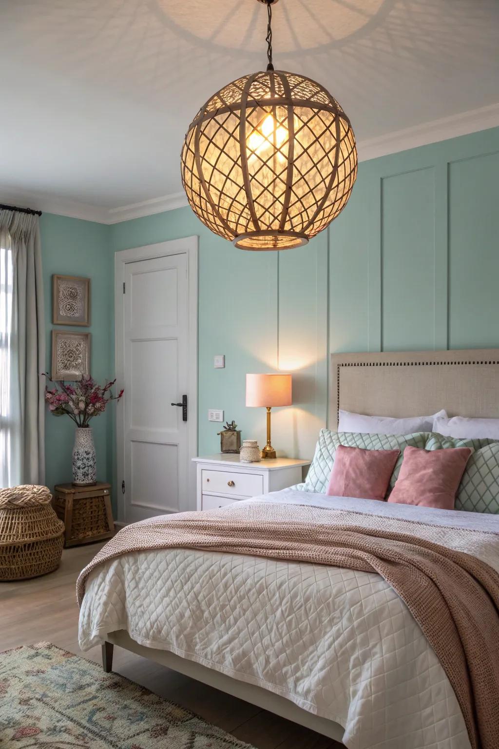 A statement pendant light adds drama and elegance to this bedroom.