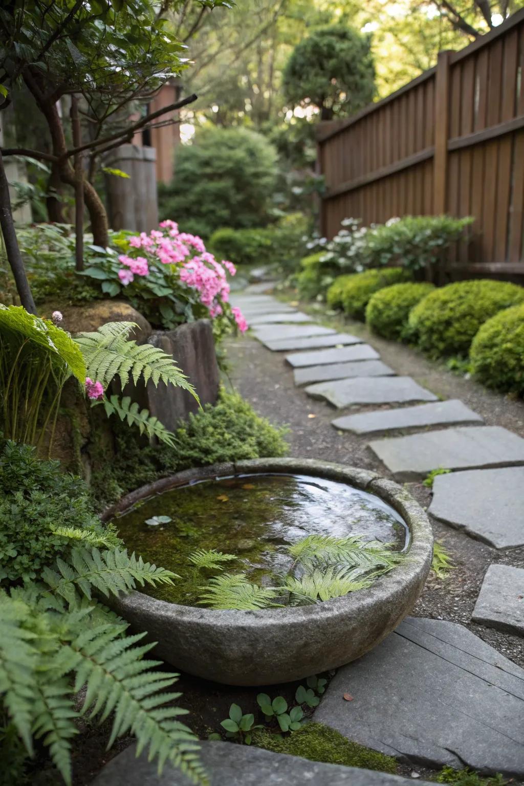 Floating ferns create a lush bee watering station.