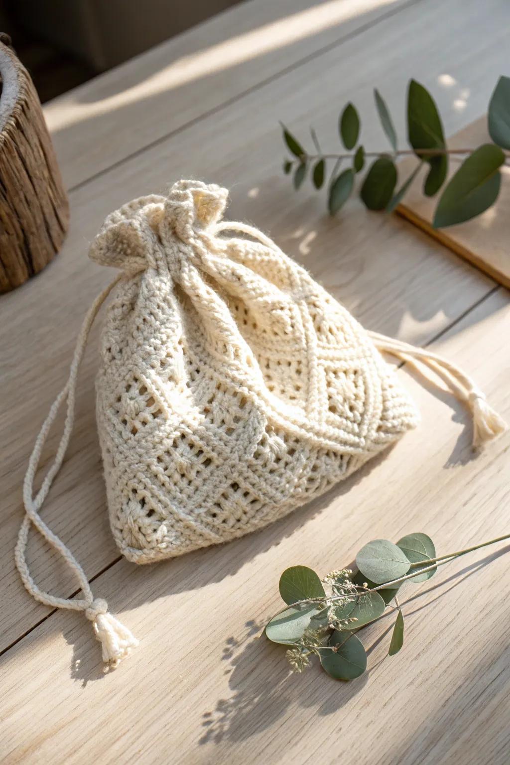 Crafted with love: a simple yet charming hand-knitted gift bag perfect for thoughtful gifting.