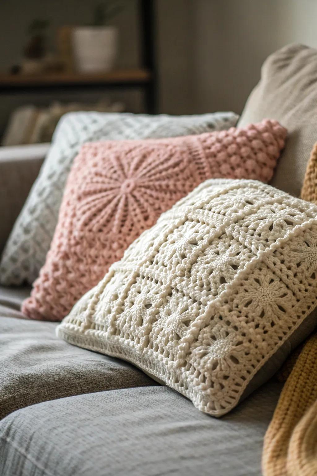 Crochet pillows bring texture and comfort to your living space.