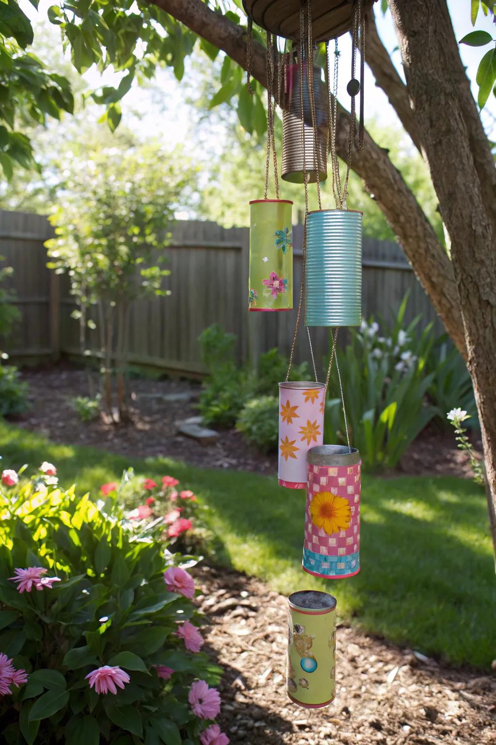 Tin can wind chimes singing in the breeze.