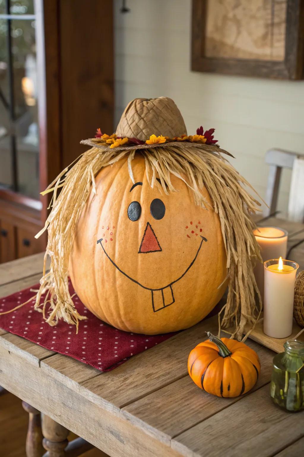 A cheerful scarecrow pumpkin to welcome all your autumn visitors.