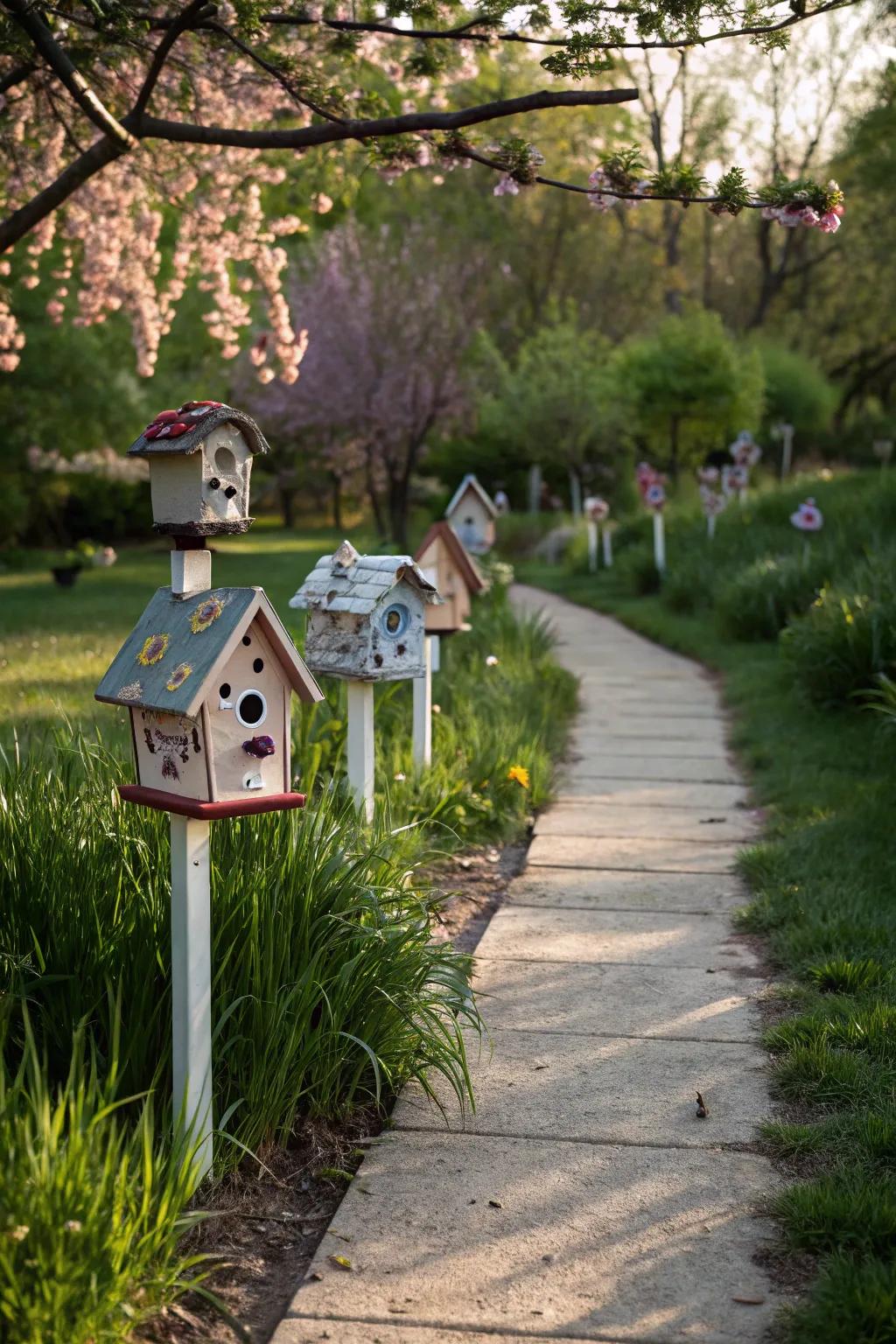 Enhance your garden path with a line of charming birdhouses.