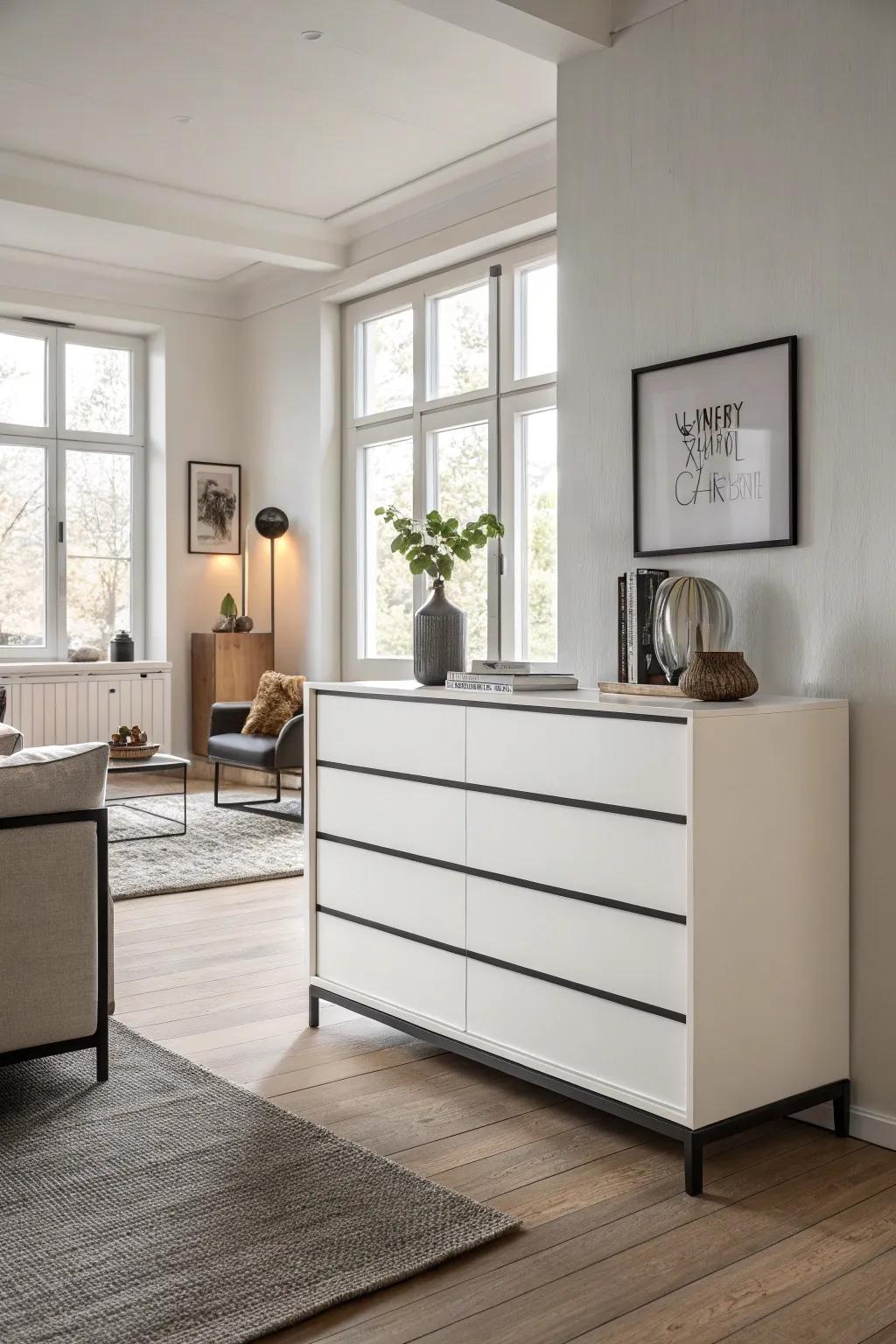 A minimalist monochrome dresser that brings calm to a Scandinavian space.