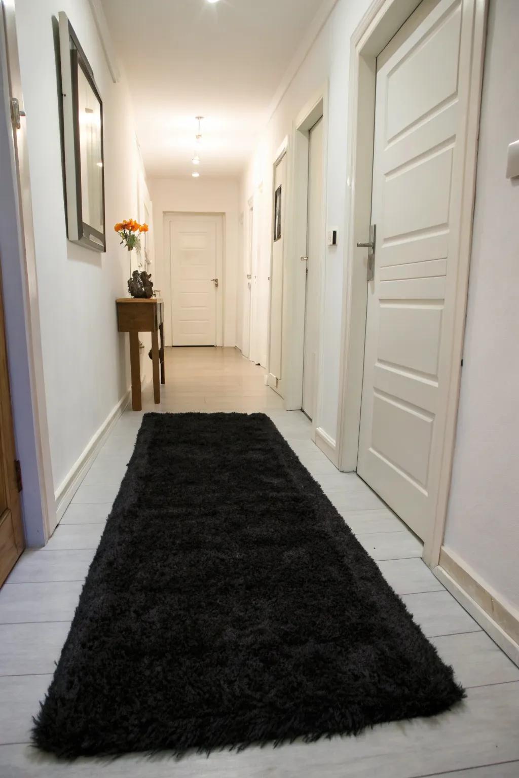 A plush black rug adds texture and warmth to this hallway.