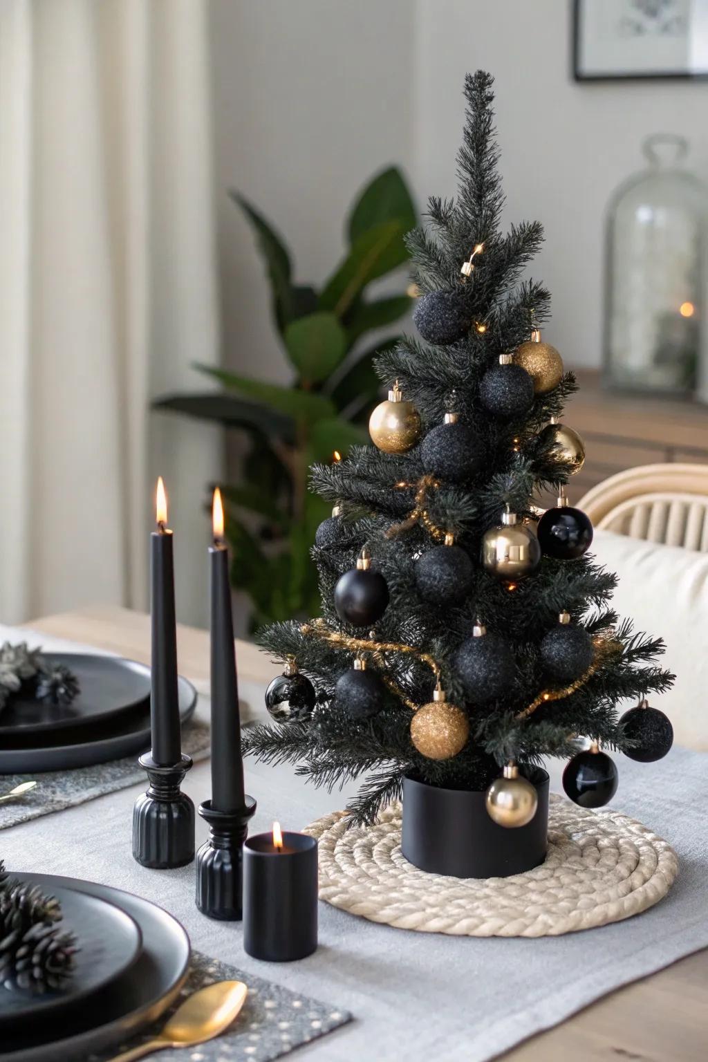 A DIY black Christmas tree centerpiece perfect for holiday tables.