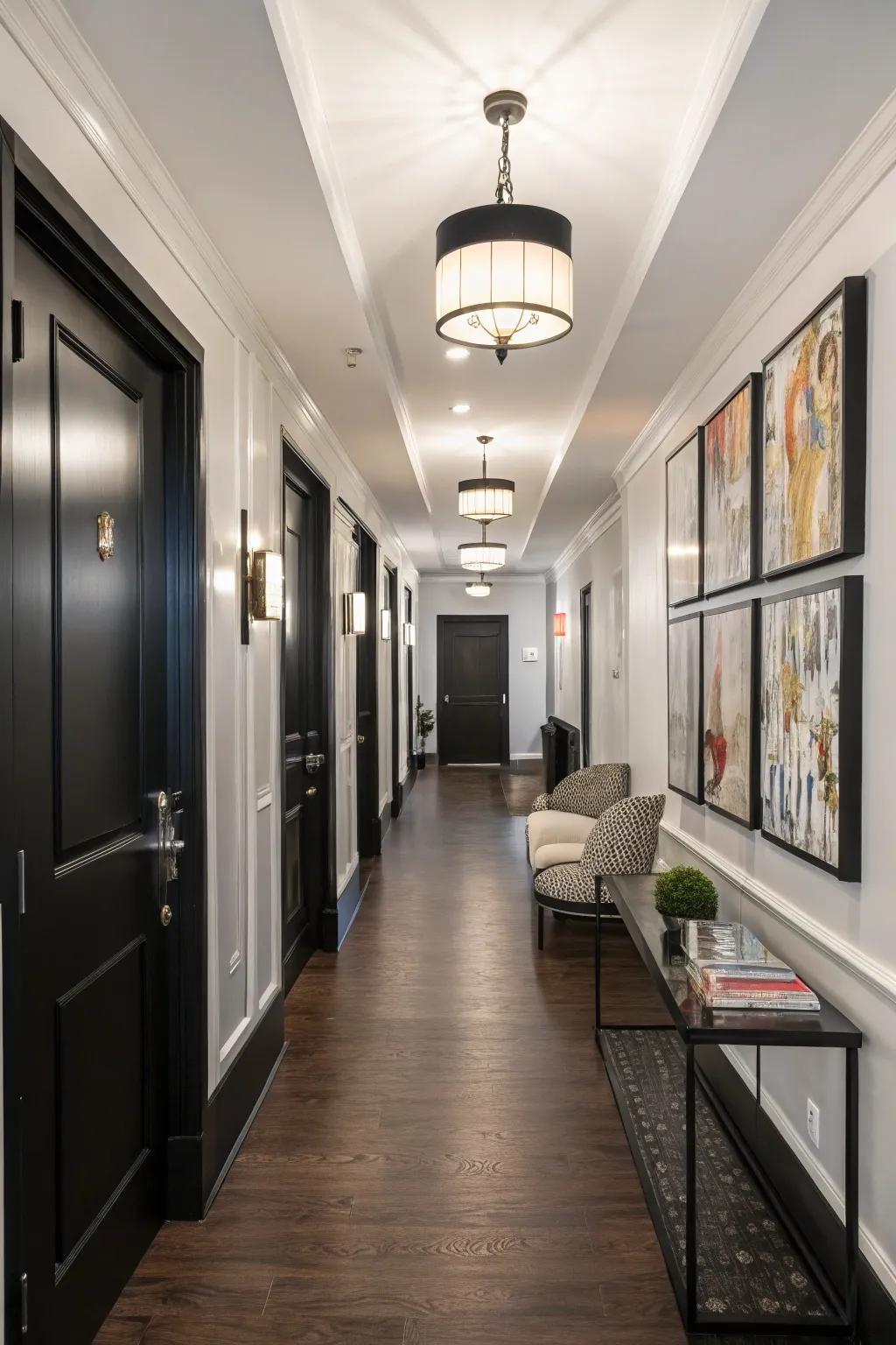 A hallway featuring bold black interior doors.