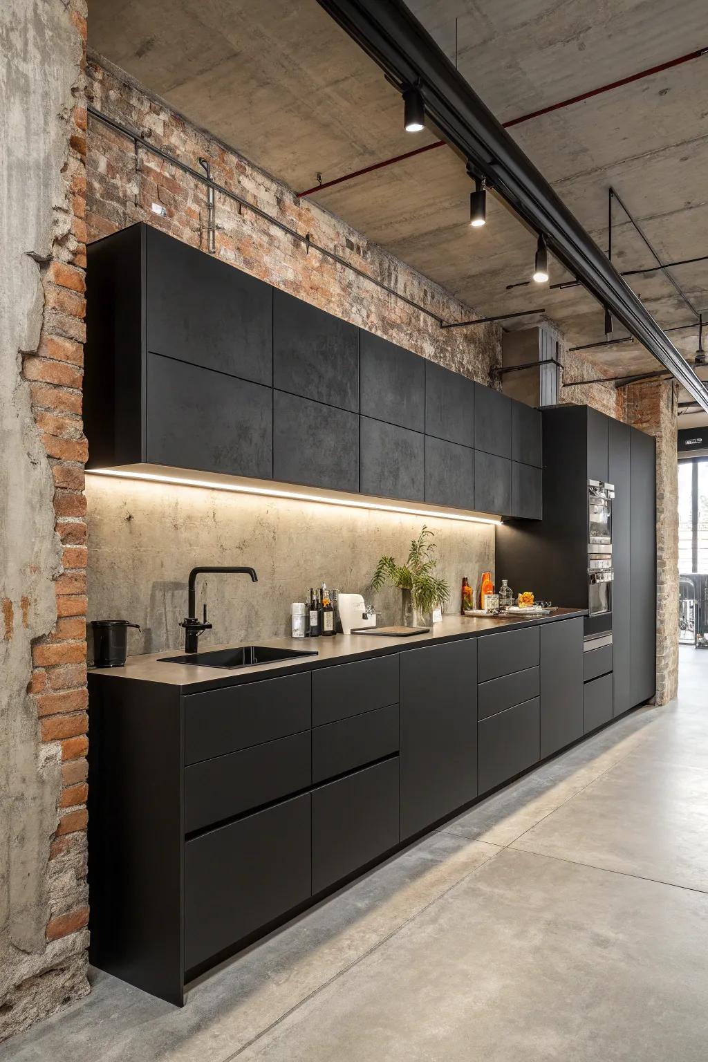 An edgy industrial kitchen blending black cabinetry with raw materials.