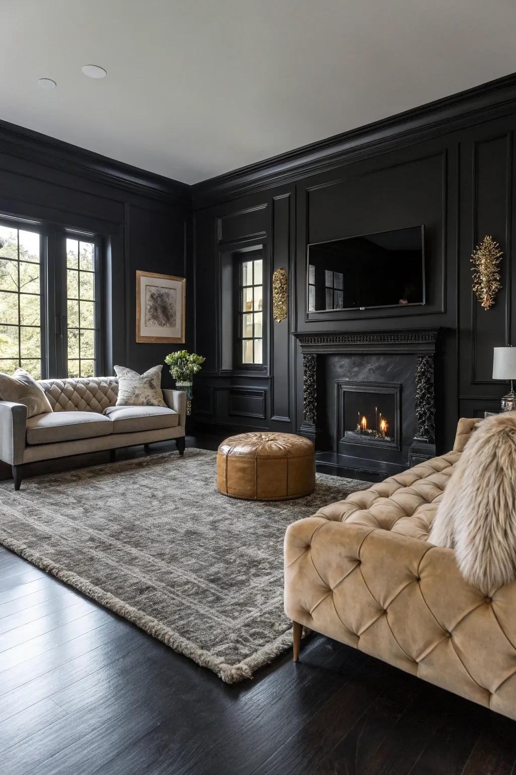 A living room with harmonious black walls and floors.