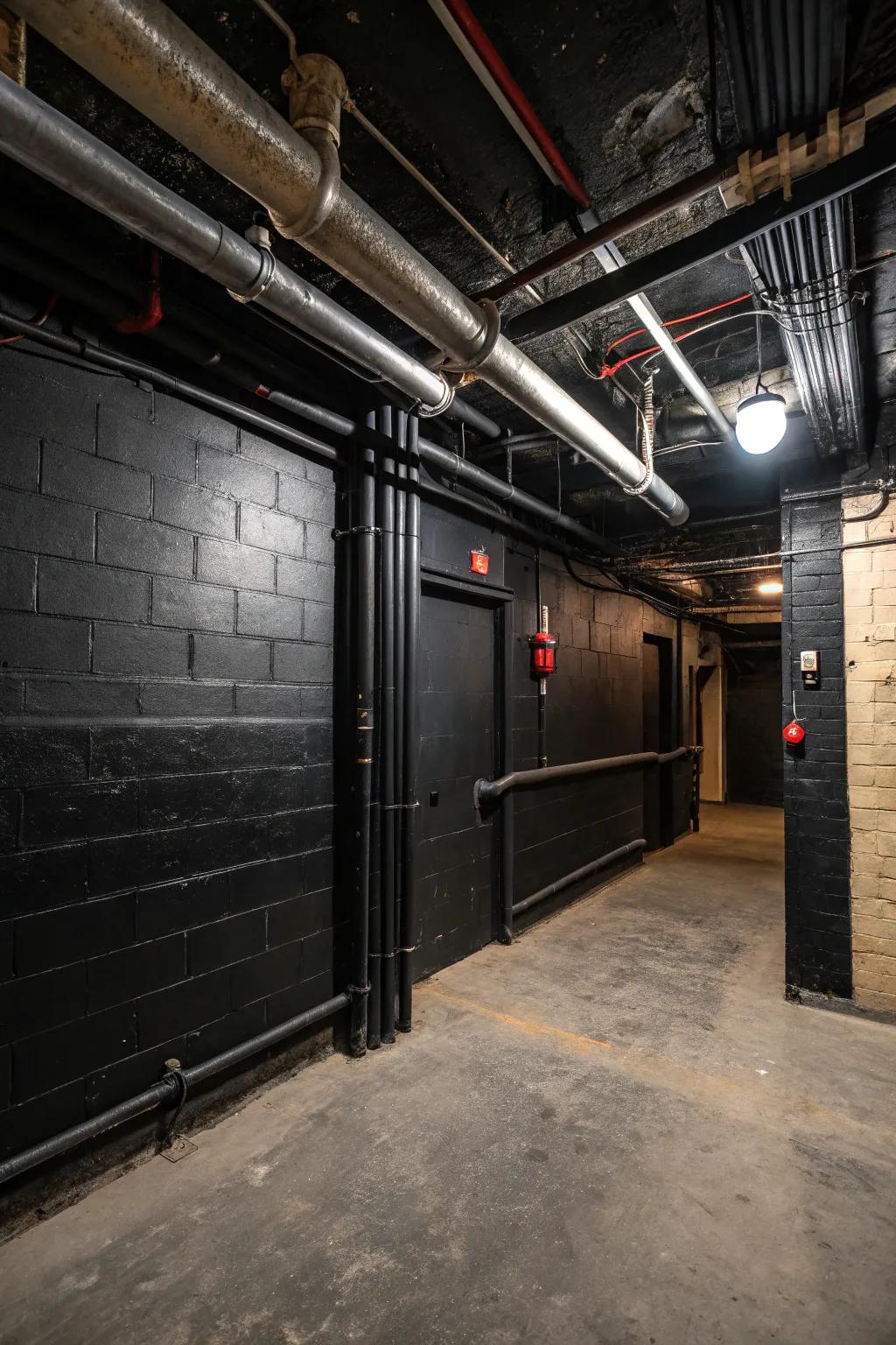 An industrial chic basement with black walls and exposed elements.