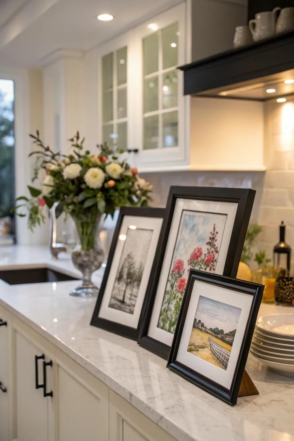 Unexpected art display with black frames in the kitchen.