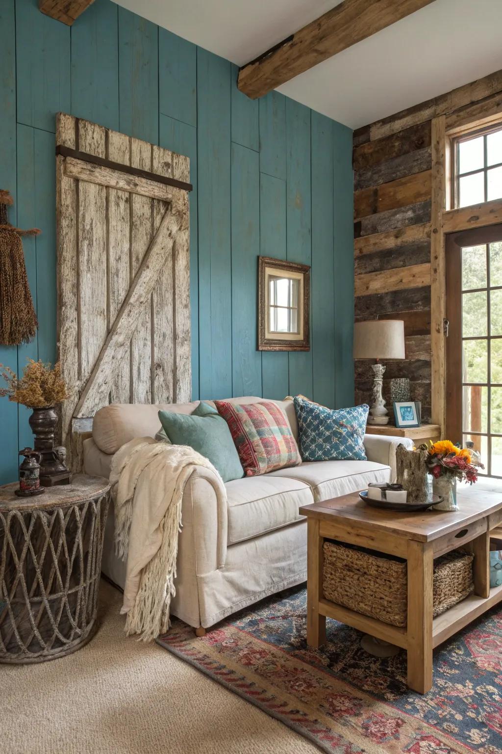 A rustic living room with a distressed blue accent wall and warm decor.