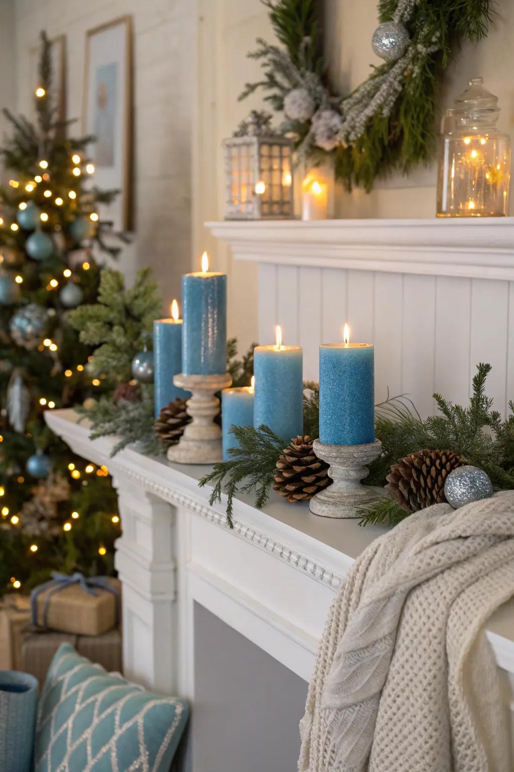 Blue candles create a cozy and inviting glow throughout your holiday home.