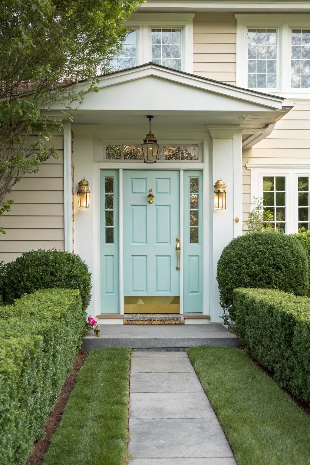 Light turquoise blue doors add vibrant elegance to classic homes.